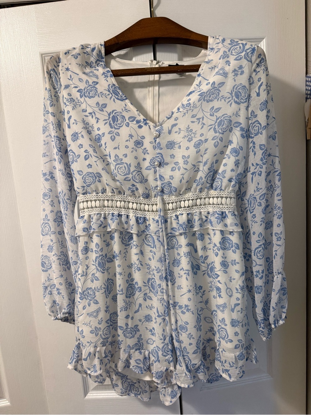 Disney White and Light Blue Floral Romper with Lace Waist